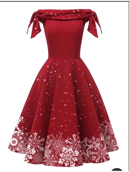 Retro Stage Dresses & Skirts - Off-Shoulder Red Fit-and-Flare Dress with Snowflake Detail